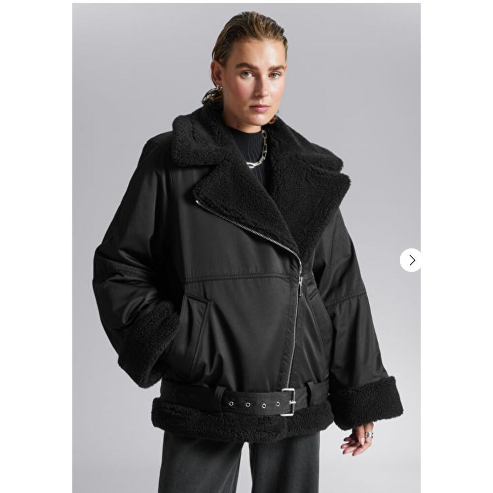 & Other Stories Stockholm Aviator Jacket Womens Large Black New Faux Shearling - Picture 1 of 16